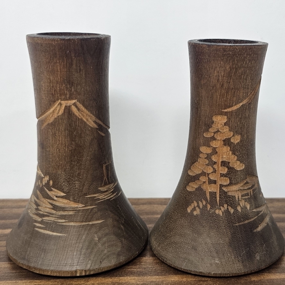 Handcrafted Asian Carved Wood Bud Vases/Candlestick Holders 4.25" Set Of 2